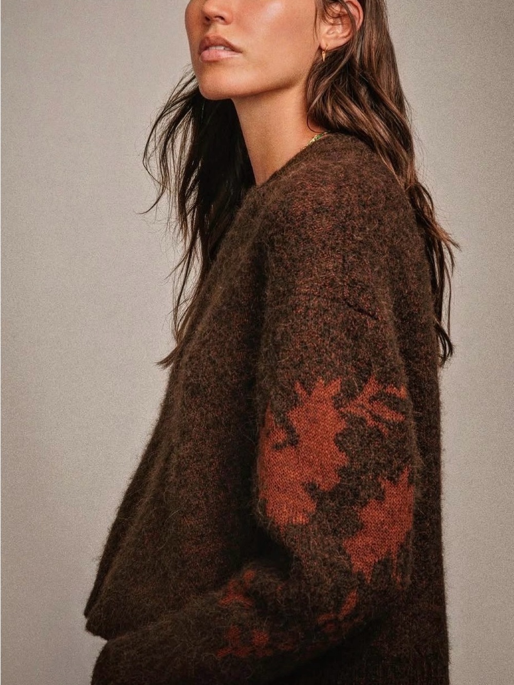 Wrap London - Brown Floral-Accent Sweater
